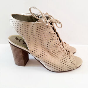 Sam Edelman Ennette Lace-Up Peep Toe Block Heel Sandals Beige Leather Size 8M